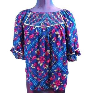 Napa Valley‎ Blue Floral Smocked 3/4 Flutter Sleeve Blouse Size Small Women's